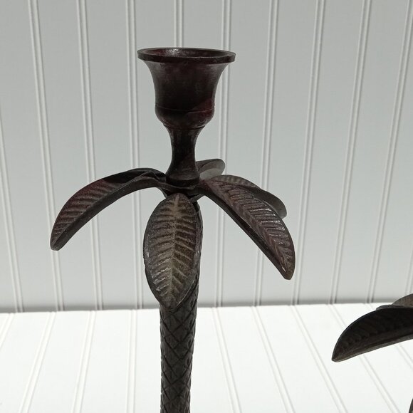Cast Iron Palm Tree Candlesticks Taper Candle Holders Bronze Coastal Vintage - Picture 5 of 12
